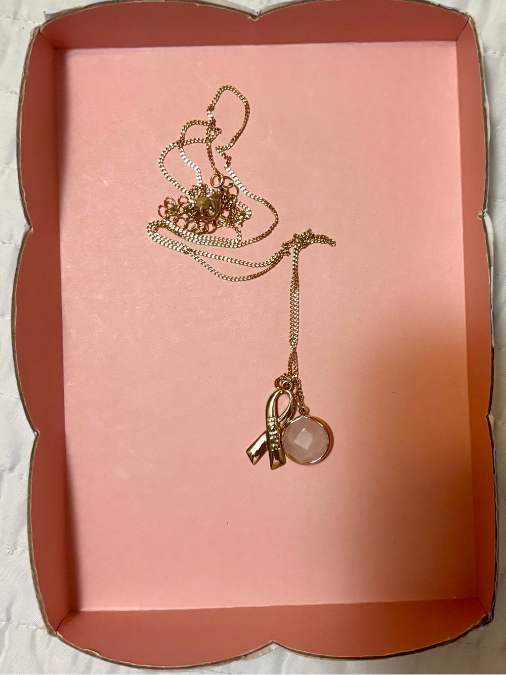 NWOT Gold Ribbon & Rose Quartz Hope Pendant Necklace